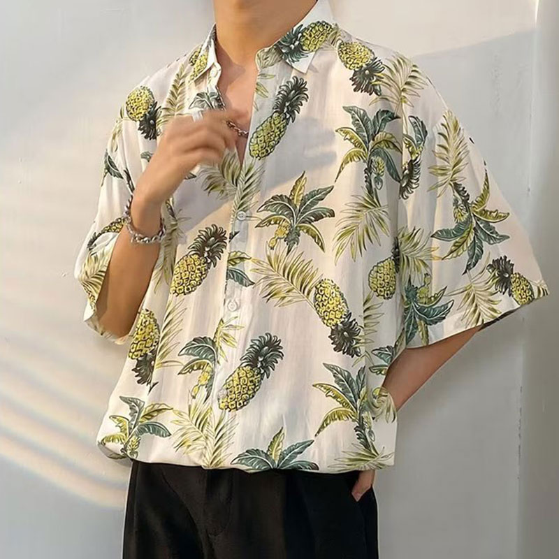 GO THRU Ice silk pineapple tree shirt beach vacation short sleeves hawaiian shirt men's short sleeve shirt ราคา 199 บาท*ส่งฟรี