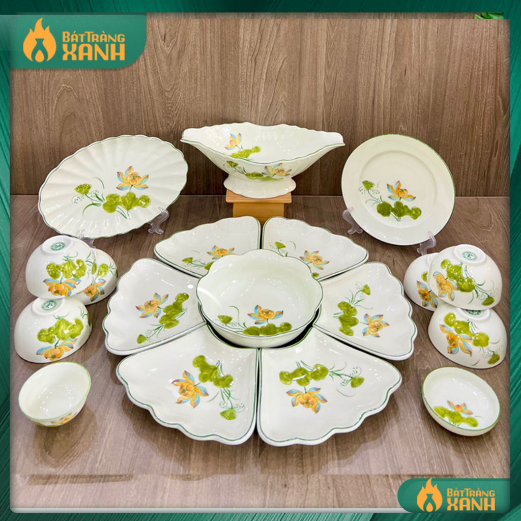 Bộ bát đĩa hoa mặt trời Bát Tràng họa tiết hoa sen cam men kem - Hàng vẽ tay - Bộ đồ ăn, bộ bát đĩa thờ cúng gia tiên