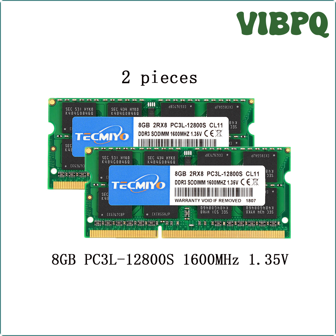 Vibpq tecmiyo RAM máy tính xách tay 16GB ( 2X 8GB ) DDR3L 1600MHz PC3L-12800S 1.35V 2Rx8 CL11 SODIMM 204pin điện áp thấp Bộ nhớ máy tính xách tay xanh tevan