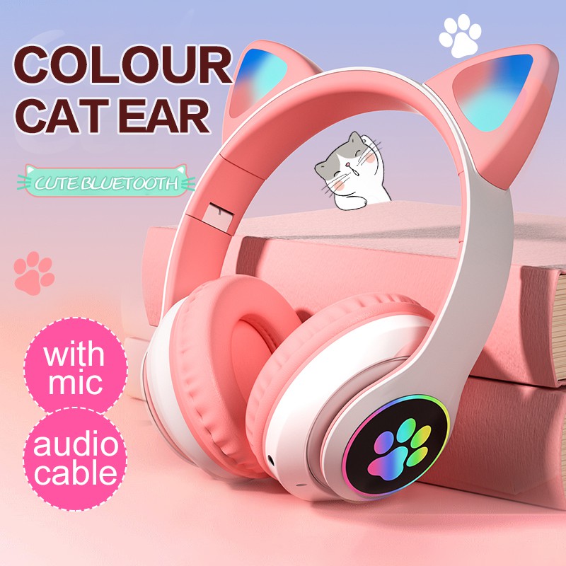 Tai Nghe Tai Mèo Bluetooth không dây chụp tai chơi game hồng tím 7 màu Dễ