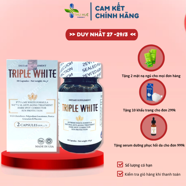 Viên uống trắng da TRIPLE WHITE chính hãng chứa Glutathion 1200mg hộp 60 viên, làm trắng sáng da, hỗ trợ giảm nám sạm sau 4-6 tuần được tin