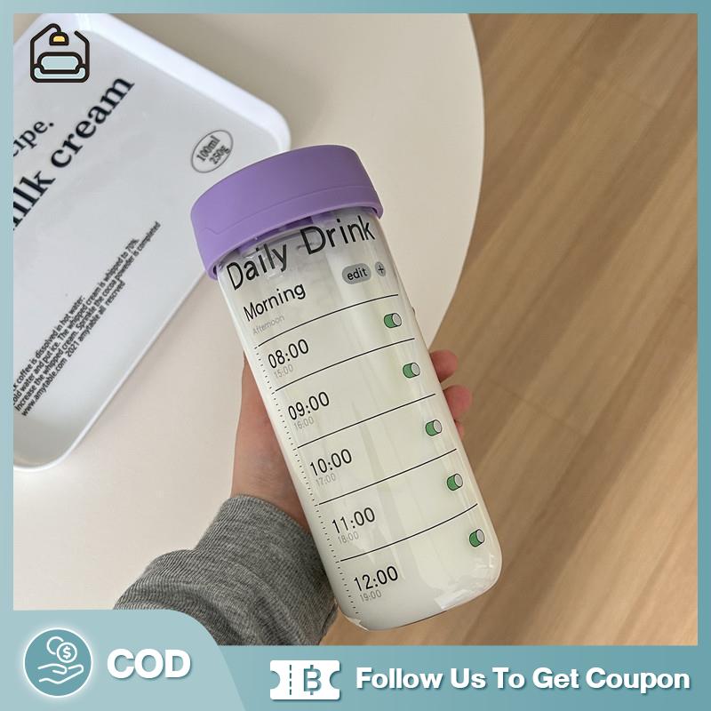 IFS Glass Water Bottle With Time Marker Straw Infuser Cute 700ml Coffee Tea Juice Portable Girl Scho