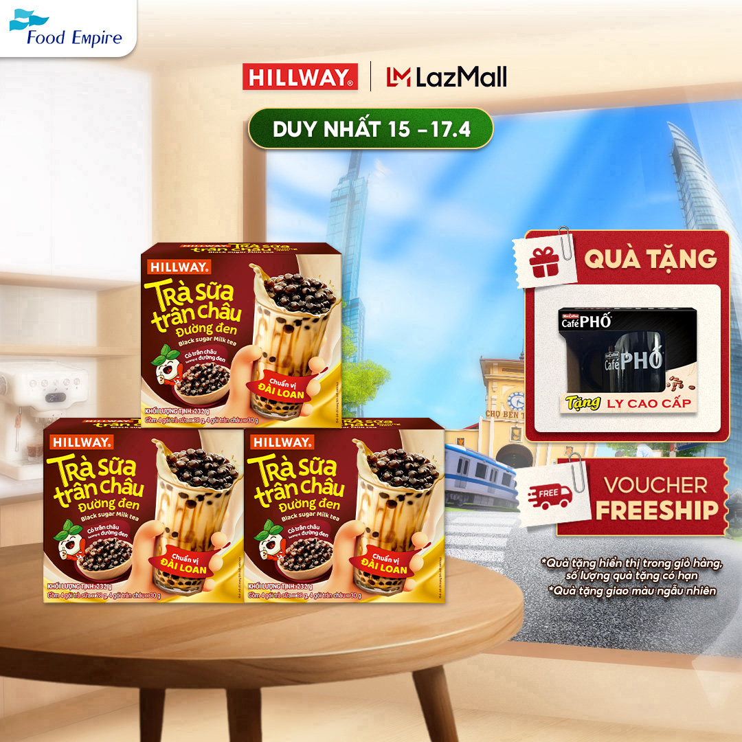 Combo 3 Trà sữa trân châu đường đen Hillway (4 gói trà sữa (28g) và 4 gói trân châu(30g)