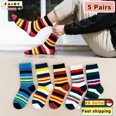 (SG Seller)5 Pairs long Socks Striped Men Socks College Style Classic Casual Tide Japan Style Vintage Harajuku Pop Korean Socks Hip Hop Casual Socks