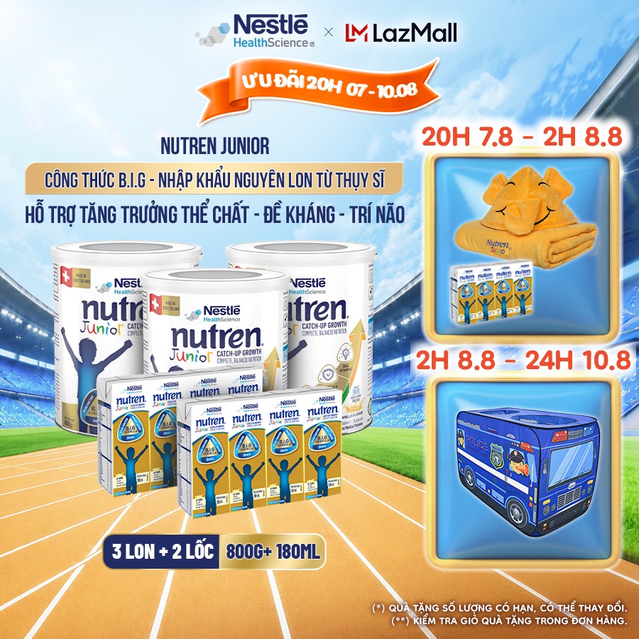 Bộ 3 Sữa Bột Dinh Dưỡng Y Học NESTLÉ NUTREN JUNIOR Xuất Xứ Thụy Sĩ Công Thức BIG Hỗ Trợ Tăng Trưởng Thể ChấtTrí NãoĐề Kháng Cho Bé 800G + 2 Lốc Sữa pha sẵn 180ML/hộp