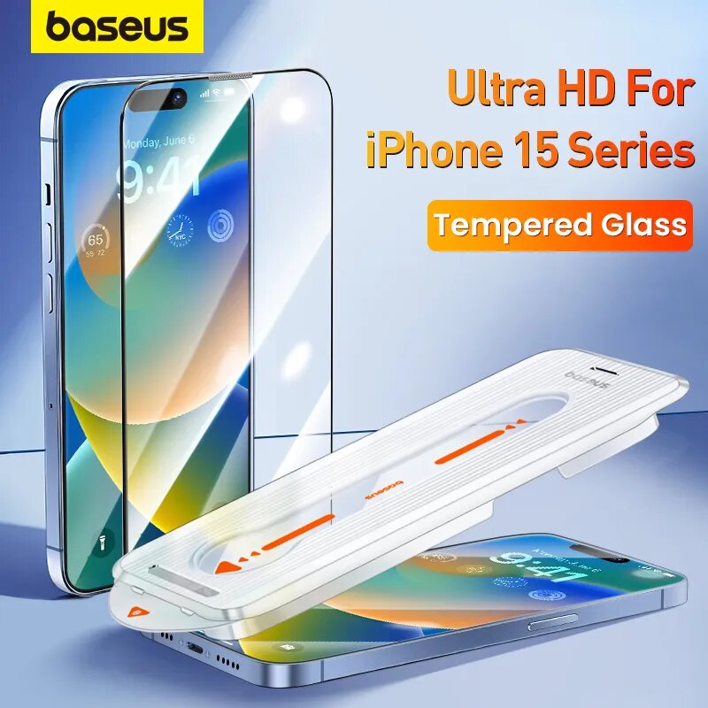 Baseus HD siêu nét kính cường lực cho iPhone 15 Pro Max cộng với miếng bảo vệ màn hình thêm chống bụi dễ dàng dụng cụ lắp đặt màng bảo vệ