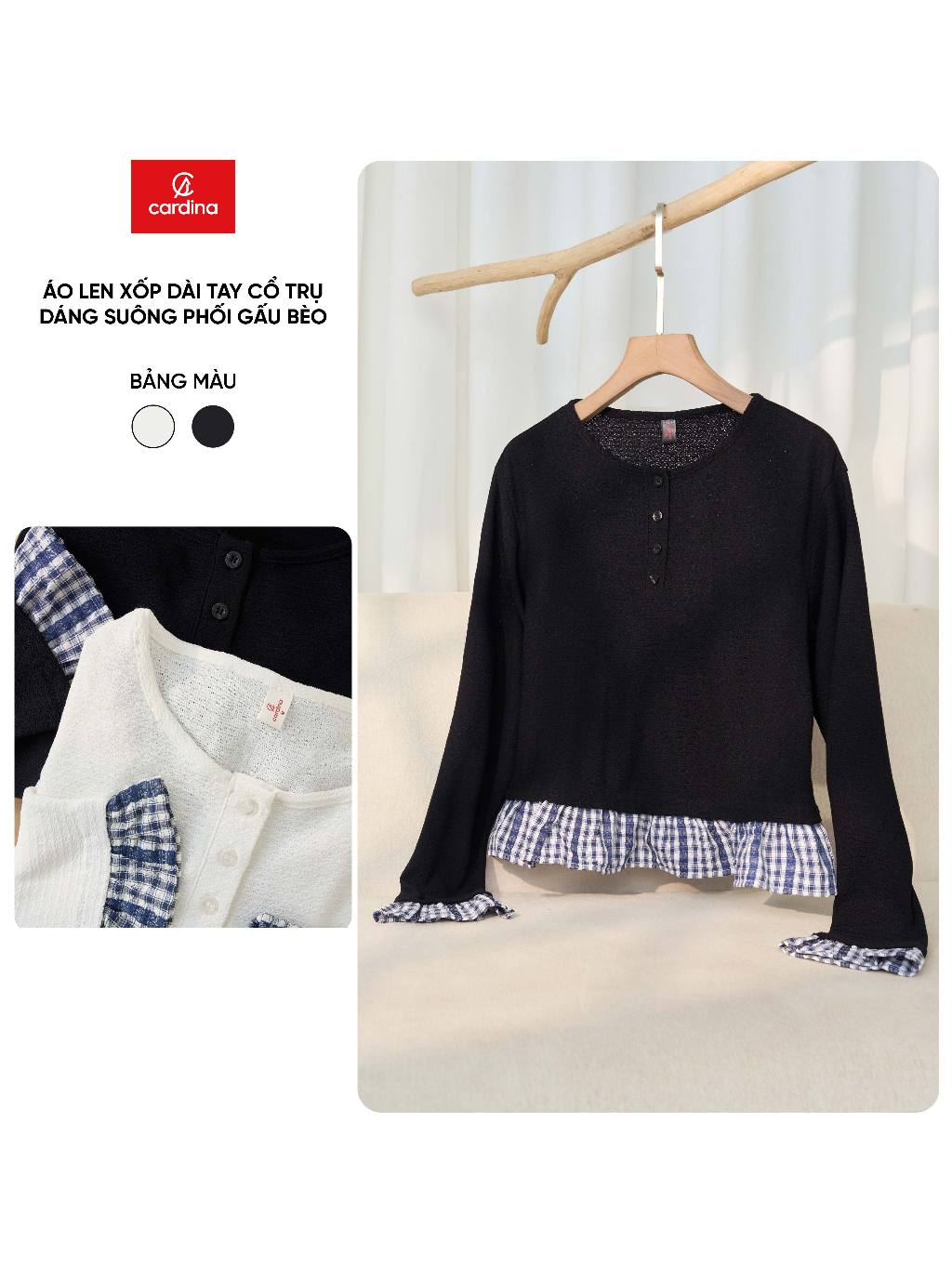  Áo len nữ CARDINA chất liệu len xốp dài tay cổ trụ dáng suông phối bèo gấᴜ 5ALD08 