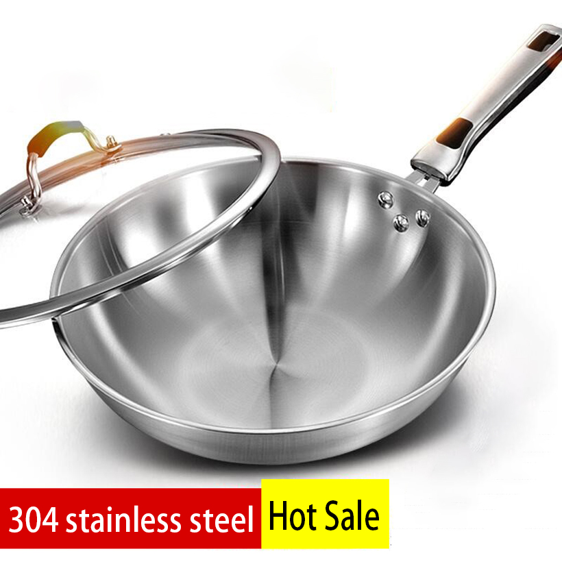 【Booming】 32cm Fume-Free Non- Pan Wok 304 Stainless Steel Frying Pan With Glass Cover Household Uncoated Wok Cooker Gas Suitable