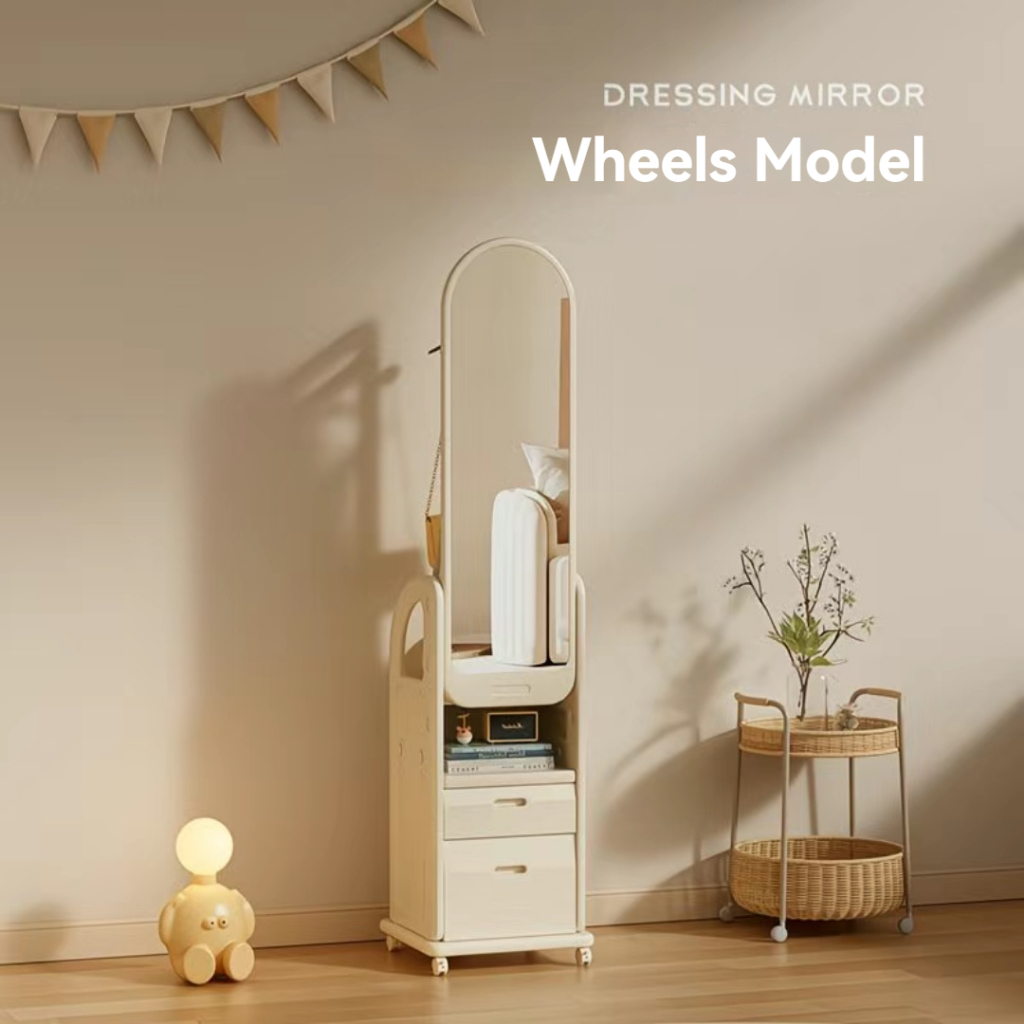 Rotatable Full-Length Mirror Hanger with Storage Drawer Household storage cabinet with wheels