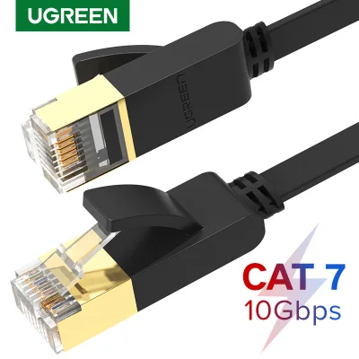 UGREEN Flat Cat7 Ethernet Cable RJ45 10Gbps Network Cable U/FTP Lan Cable Cat 7 RJ45 Patch Cord for Router Laptop Cable Ethernet,Black-Flat Version