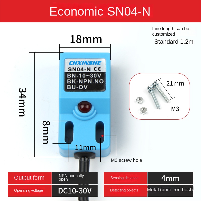 Cảm Biến Vuông SN04-N, NPN/PNP, 5-24V, 4mm - Phát Hiện Kim Loại Chính Xác, Đầu Ra Linh Hoạt, Kim Loại Bền Cho Tự Động Hóa - SN04-N NPN Thường Mở