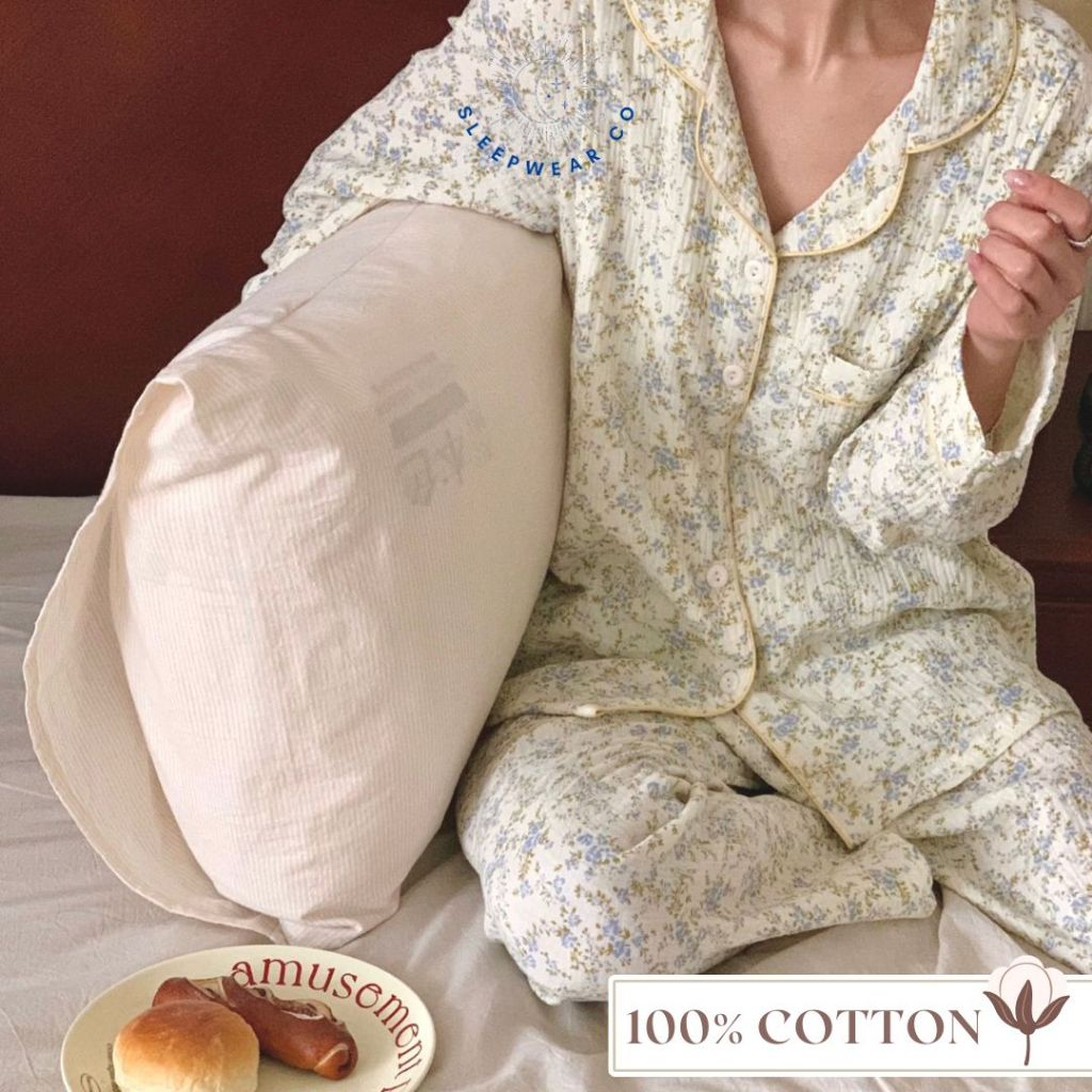 Sleepwear Co 100% Cotton Pyjamas Woman Pajamas Women Set Long Sleeve Fern Baju Tidur Wanita Cotton Piyama Tidur Wanita Lengan Panjang 睡衣裤套装女