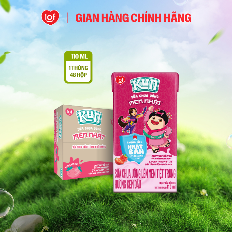 Sữa chua uống KUN vị kem dâu thùng 48 hộp x 110ml (Có thể nhận bao bì cũ/mới)