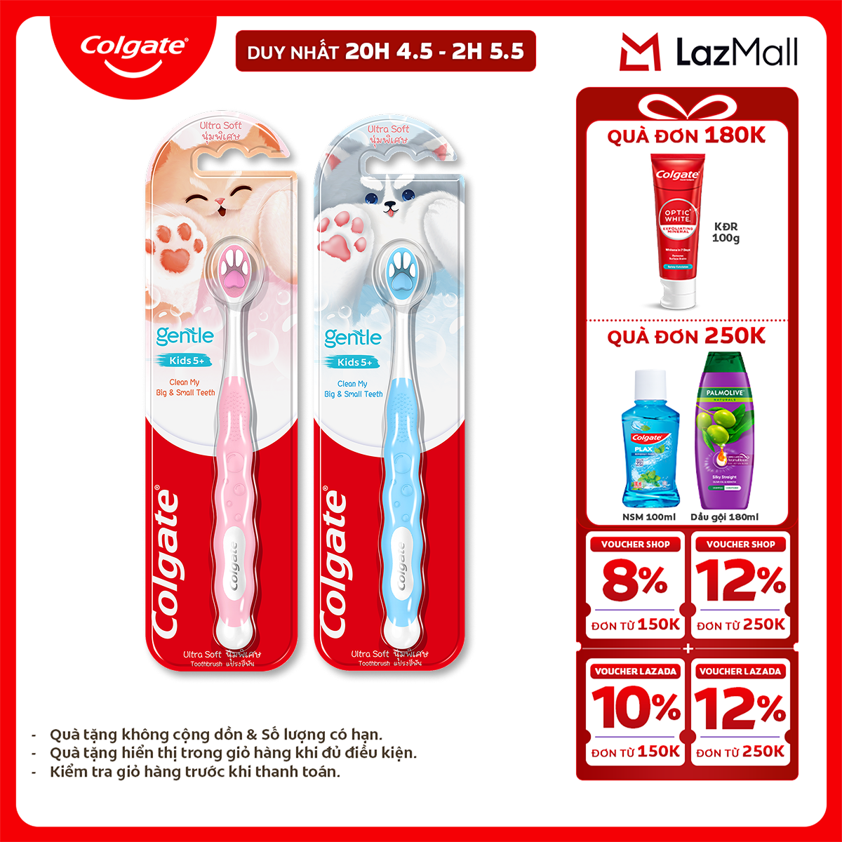 [Chỉ 25-29.4_X2 Voucher giảm 20%] Bàn chải Colgate cho bé 5+ tuổi Fluffy Paw họa tiết thú cưng đáng yêu, lông chải siêu mềm (mẫu ngẫu nhiên)