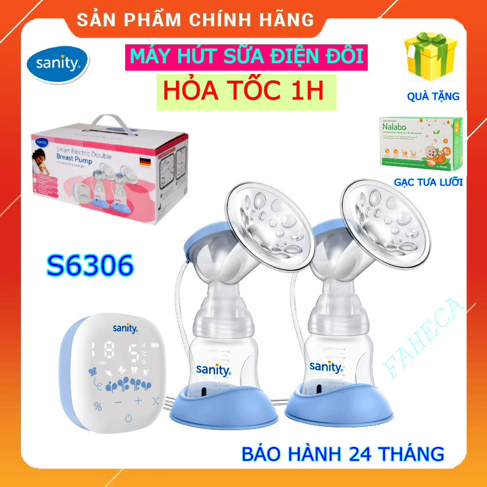(HỎATỐC-1h) Máy hút sữa điện đôi SANITY S6306.ENG - Máy kích sữa 2 bình pin sạc S6306 - Công nghệ Đức -Chính hãng