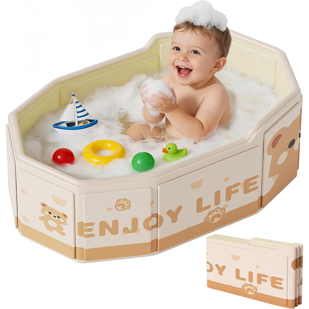 Foldable Baby Bath Collapsible Baby Bathtub 3M-8Y Portable Travel Baby Bath Tub with Non-Slip Base Pop Up Folding Newborn Toddler Shower Tub Space Saving Brown