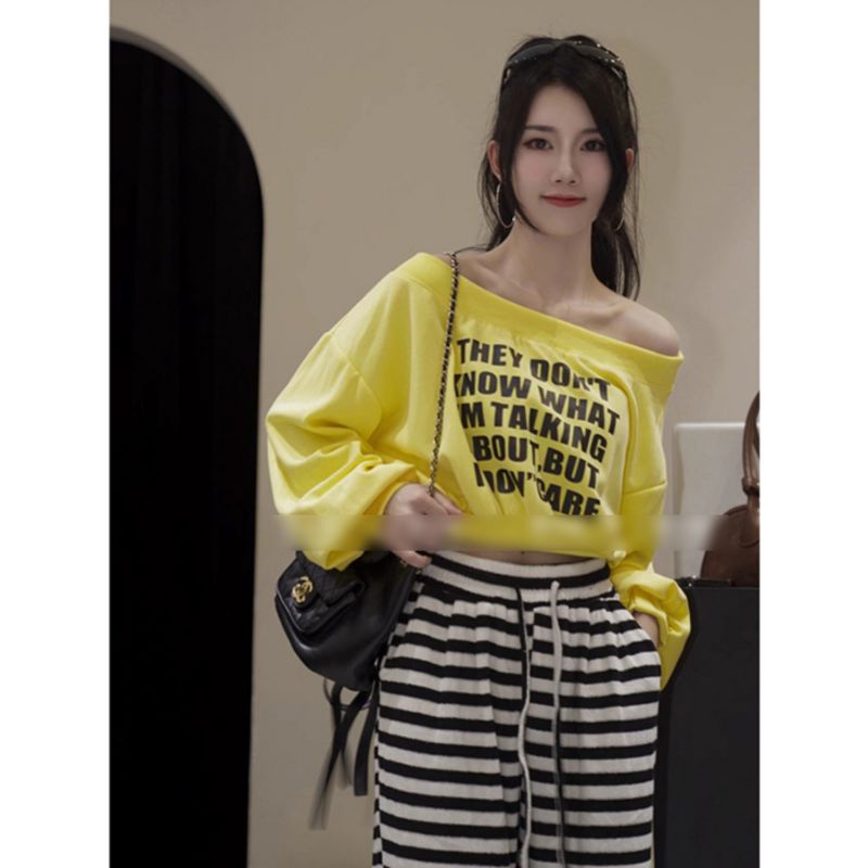 Áo thun nữ dài tay zhu XIA áo dài tay in NGẮN TRỄ VAI