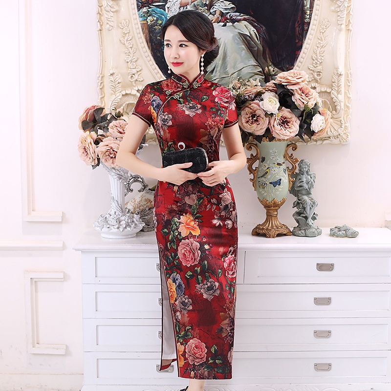 Đầm Sườn Xám Dáng Dài In Họa Tiết Hoa Phong Cách Trung Quốc Cổ Điển Thời Trang Xuân Hè Cho Nữ Size M-3XL