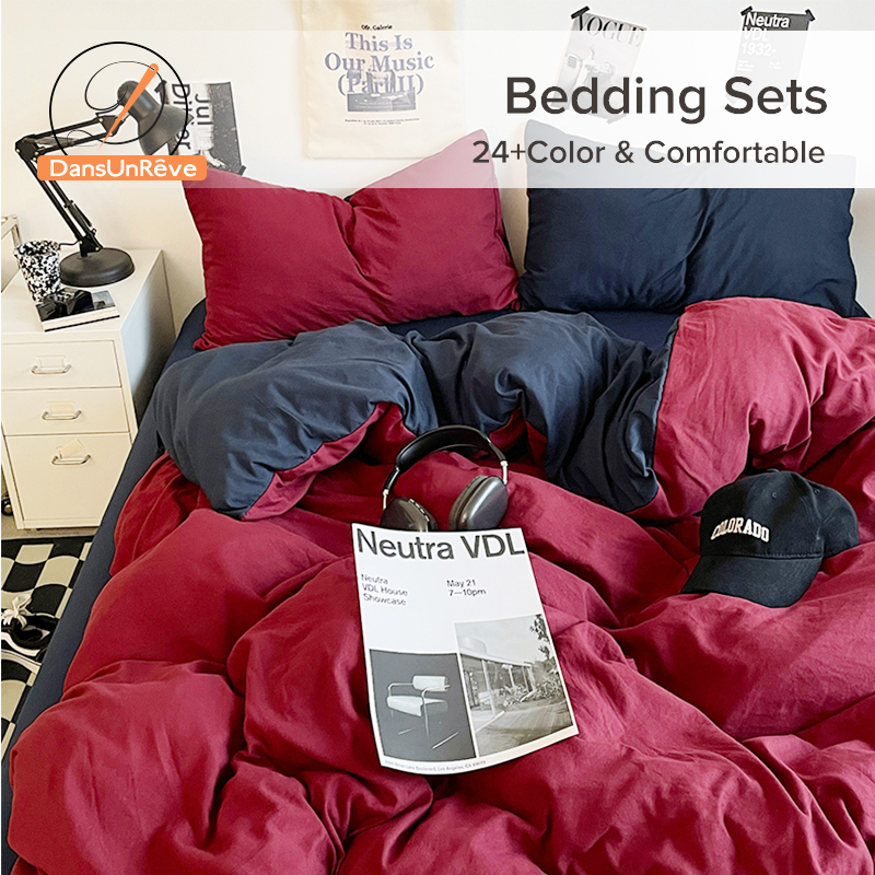 Dansunreve Bộ Ra Bọc Nệm cotton giặt bộ đồ giường ngủ màu trơn 4in1 với vỏ chăn vỏ gối màu Đen/Xám/Xanh/Trắng/Xám Bộ tấm bọc vừa vặn Chất lượng cao mềm mại King size đơn Nữ Hoàng