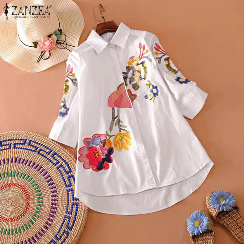 ZANZEA Womens Elegant Turn-Down-Collar Long Sleeve Midi Shirts Holiday Casual Floral Printing Blouses #1028