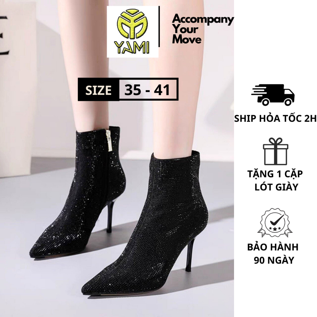 Bốt cao gót, giày đi tiệc nữ mũi nhọn gót nhọn đính đá màu đen, giày bốt nữ big size, bốt hàng hiệu nw full box - yami