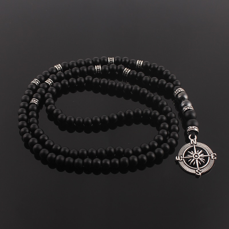 6mm Classic Vintage Black Long Natural Stone Round Beaded Necklace for Men