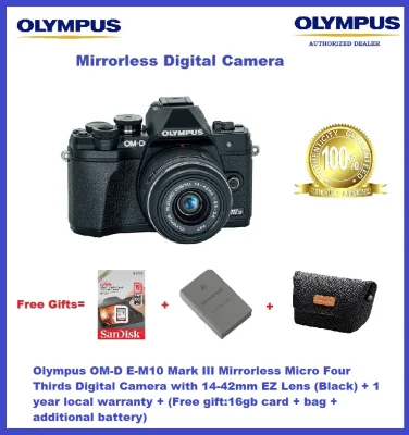 Olympus OM-D E-M10 Mark III Mirrorless Micro Four Thirds Digital Camera with 14-42mm EZ Lens (Black) + 1 year local warranty + (Free gift:16gb card + bag + additional battery)