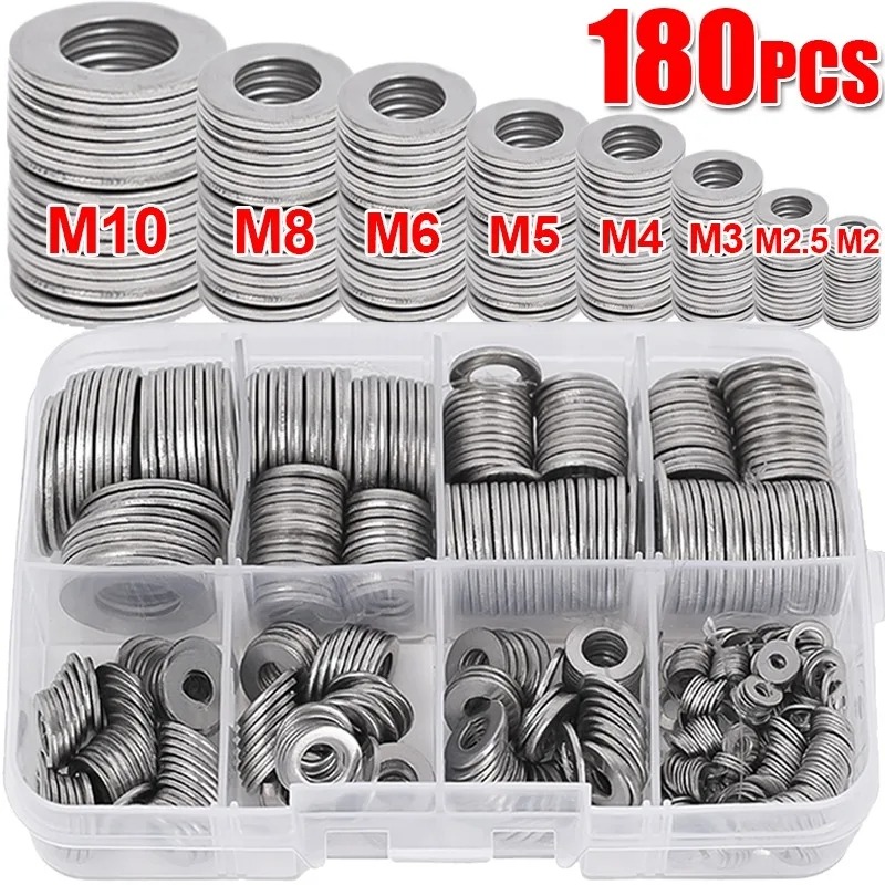 180PCS M2 M2 m2 5 m3 M4 M5 M6 M8 M10 thép không gỉ phẳng máy giặt đồng bằng miếng Đệm kim loại vòng đệm cho bu lông ốc vít Bộ phân loại