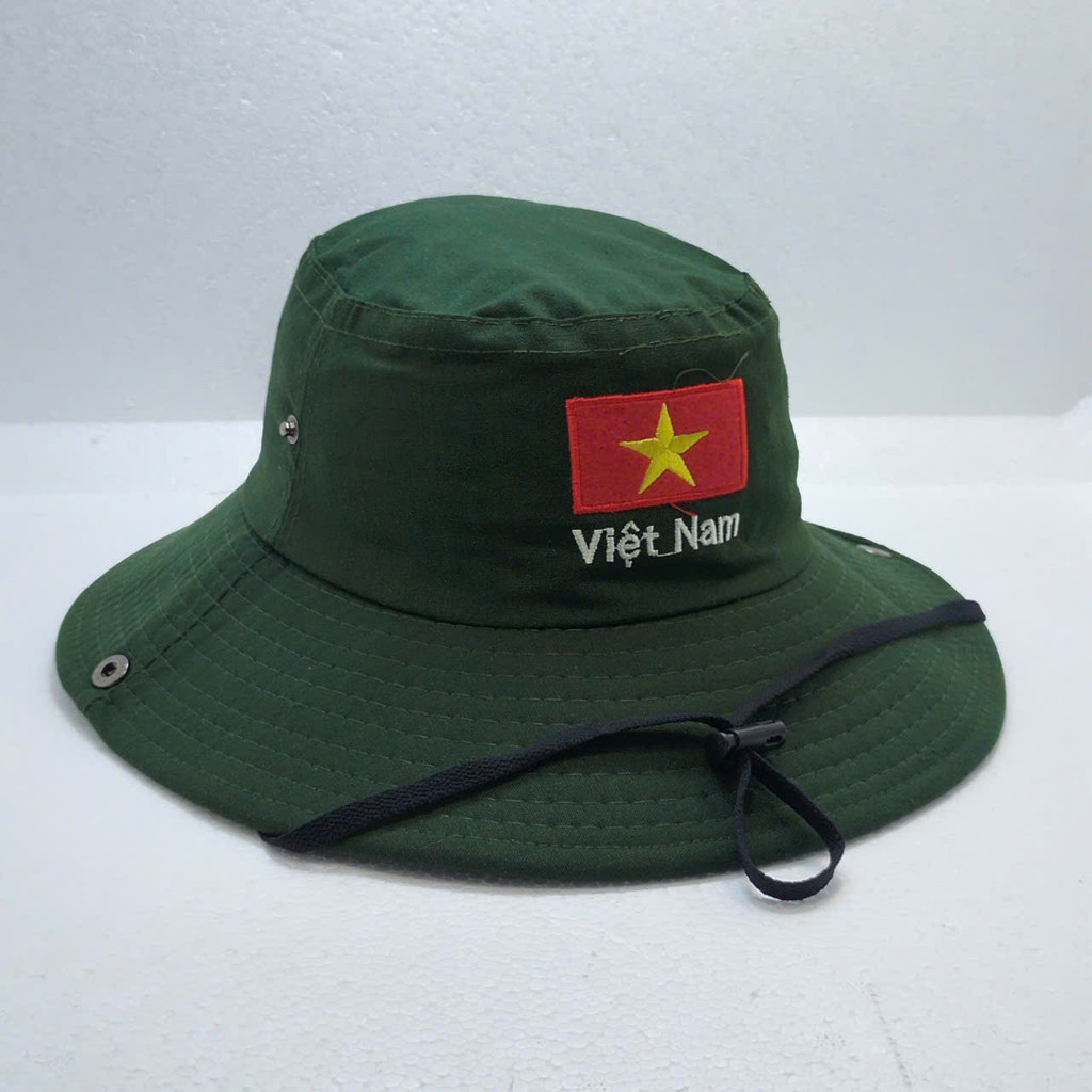 Hat with Embroidered Vietnamese Flag. Wide-Brimmed Hat for Men Working in the Fields Made of Kaki Fabric. - 5