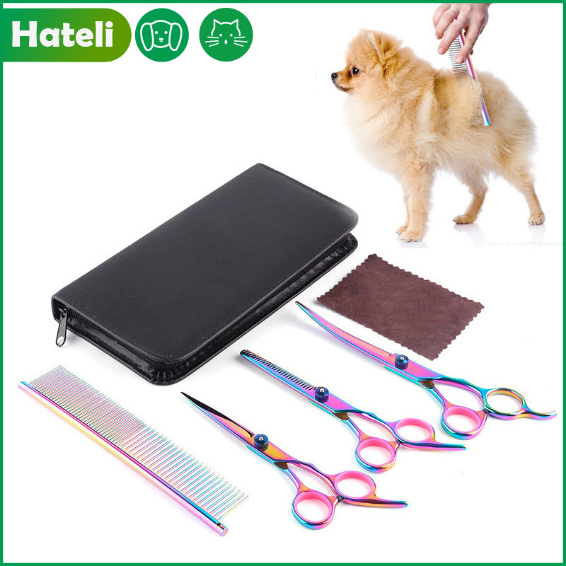 HATELI Professional Dog Grooming Scissors Cutting Straight Curved Thinning Shears Set Kit Pets Grooming Tools for Cats Dogs Rabbit ราคา 136 บาท*ส่งฟรี