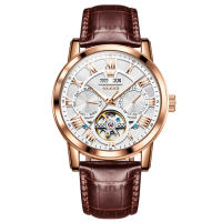 OLEVS 6668 Waterproof Genuine Leather Band Men Wristwatch Fashion Automatic Mechanical Watch For Men Luminous Calendar Week Display Month Display
