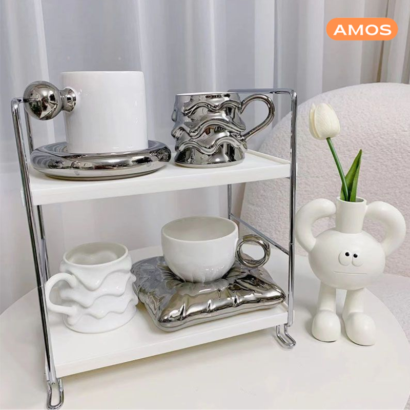 Kệ mỹ phẩm nhựa trắng 3 tầng khung inox để bàn AMOS, Kệ mini để bàn đựng đồ đa năng kiểu dáng đơn giản