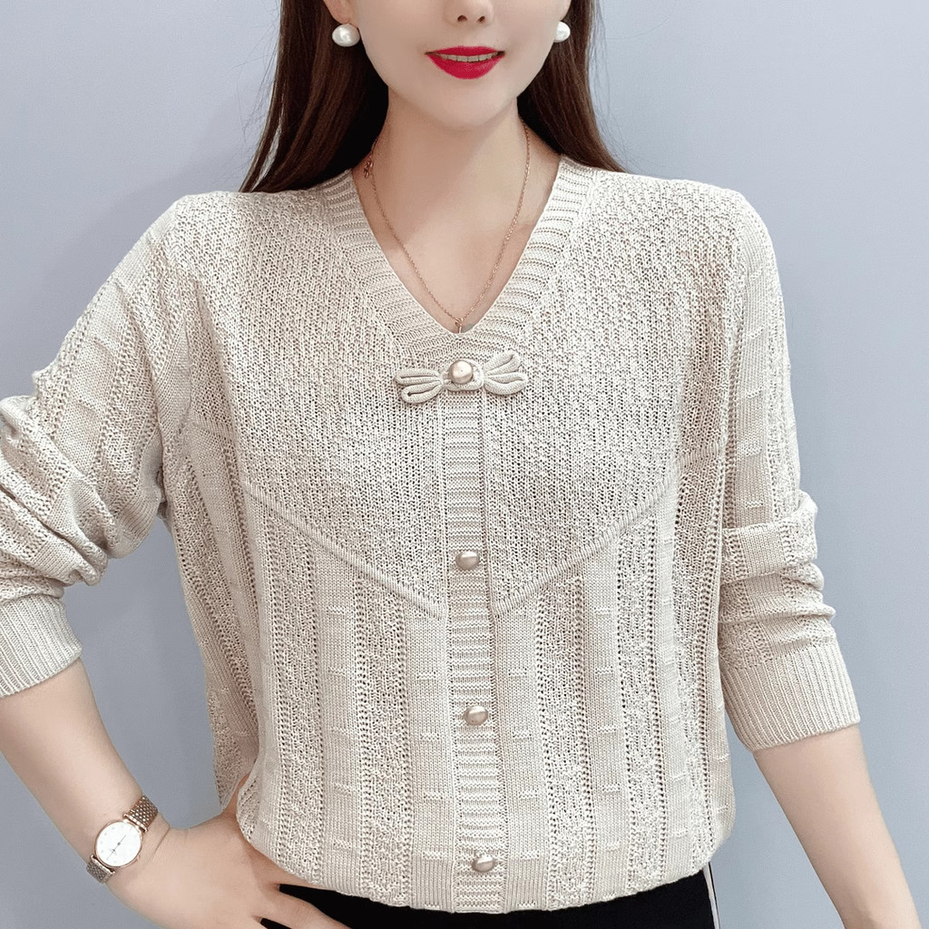 Áo dệt kim cổ chữ V cho nữ cỡ lỡn Áo sơ mi dài tay dáng rộng có nơ