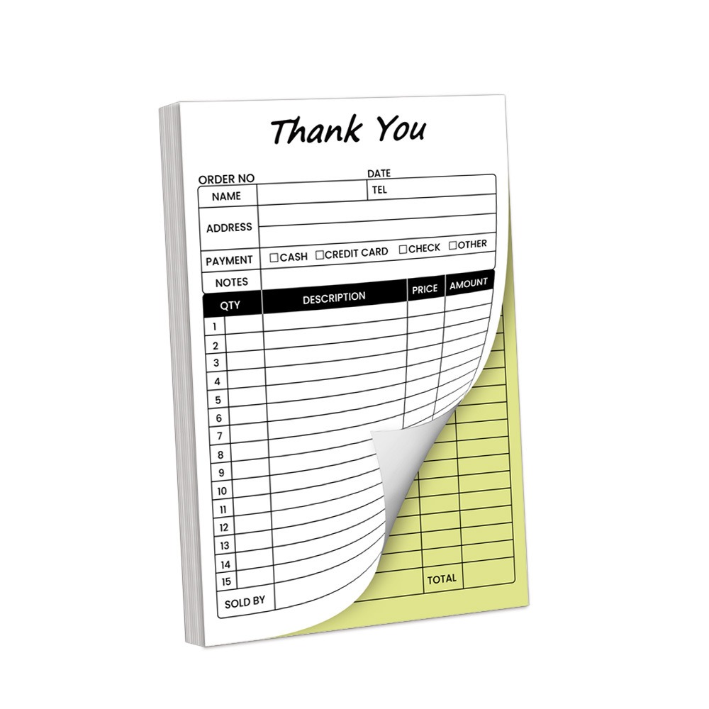 PETIBAG Carbon Duplicate Copy Thank You Receipt Book White Yellow 100 Sheets Invoice Booklet Premium 2-Part Carbonless Order Book Stores