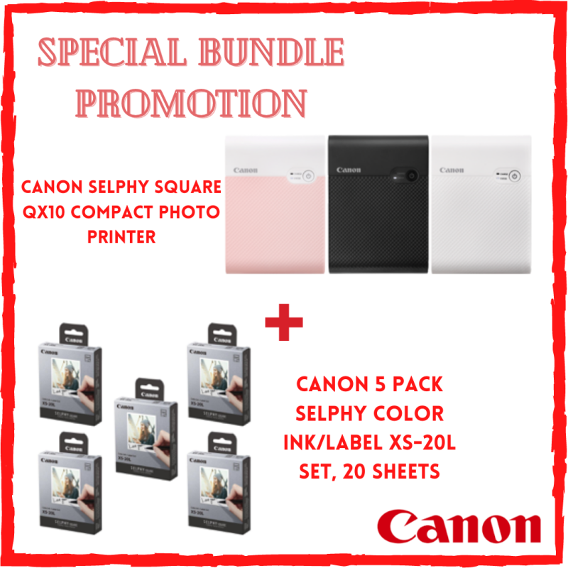 Canon SELPHY Square QX10 Compact Photo Printer + Canon 5 Pack SELPHY Color Ink/Label XS-20L Set, 20 Sheets Singapore