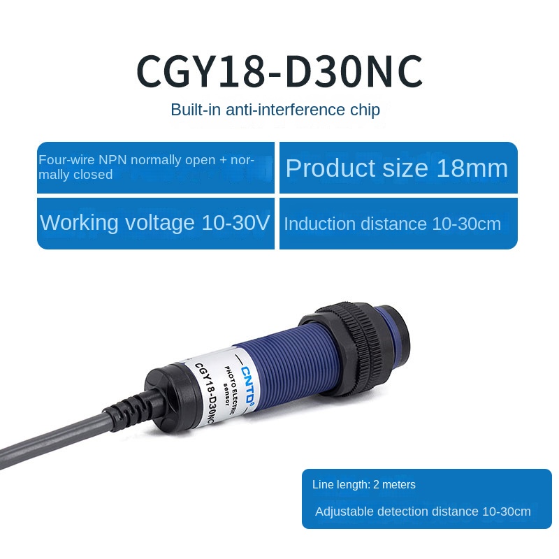 Cảm Biến Quang Điện CGY18E D30NC M18 CNTD - tùy chọn PNP/NPN Thường Mở/Thường Đóng, 3 Dây, M18, 10-30cm