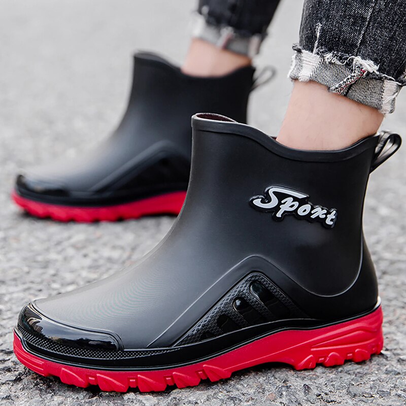 Men Rainboots Waterproof Rain Boots Ankle Water Shoes PVC Fashion Outdoor Flat Non-Slip Fishing Work Boots Man Ankle Rainboots