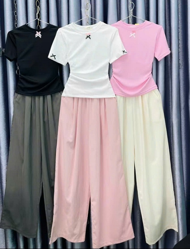 [Bộ quần Suông Đũi Áo Nơ][Có lẻ Áo + Lẻ Quần] Quần Ống Suông Vải Đũi Vân Mây -Áo thun đính nơ dáng babytee Chất thun tăm