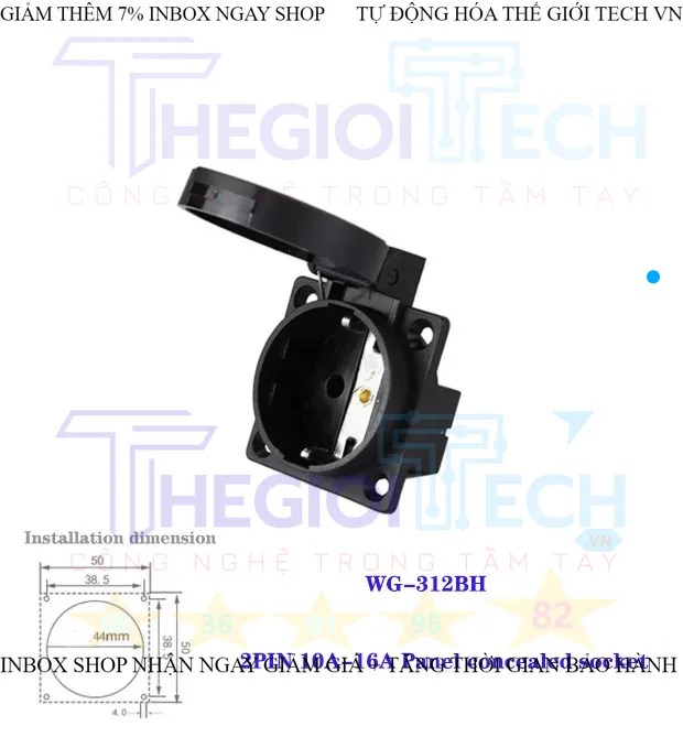 Phích cắm + ổ cắm 2P 16a kết nối kiểu công nghiệp hai lỗ 2 chấu + PE chống nước và chống bụi treo tường ổ cắm 220V 1 PHA - WG-312BH