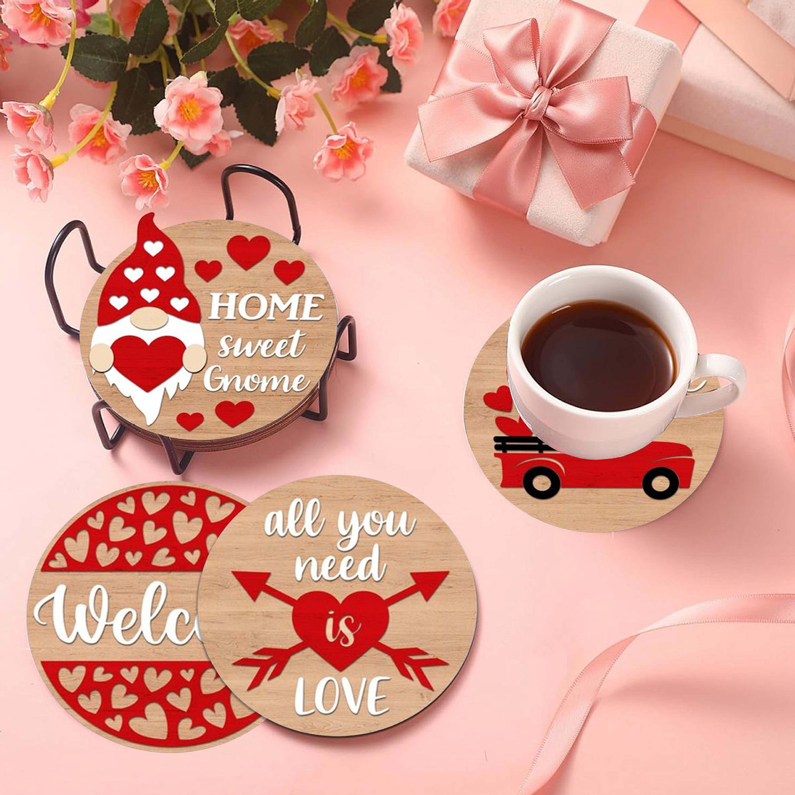 Valentine Day Gift Idea Valentine Day Coasters Valentine's Day Coasters Set with Hearts Dwarfs Prints Wooden Drink Coasters for Table Protection and Housewarming Gift 4 Inch Round Coasters for Coffee ราคา 202 บาท*ส่งฟรี