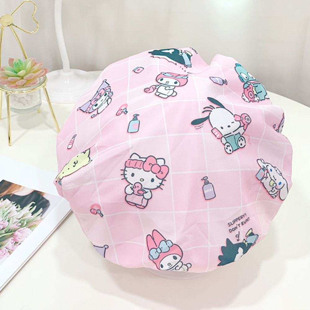 Aqrau 【50%OFF🌷】Sanrio🌷หมวกอาบน้ำหมวกกันน้ำวัสดุกันน้ำฝาครอบฝักบัวป้องกันผมจากมลพิษหมวกทำงานในห้องครัวหมวกอาบน้ำน่ารักKT CAT Cinnamoroll Kuromi