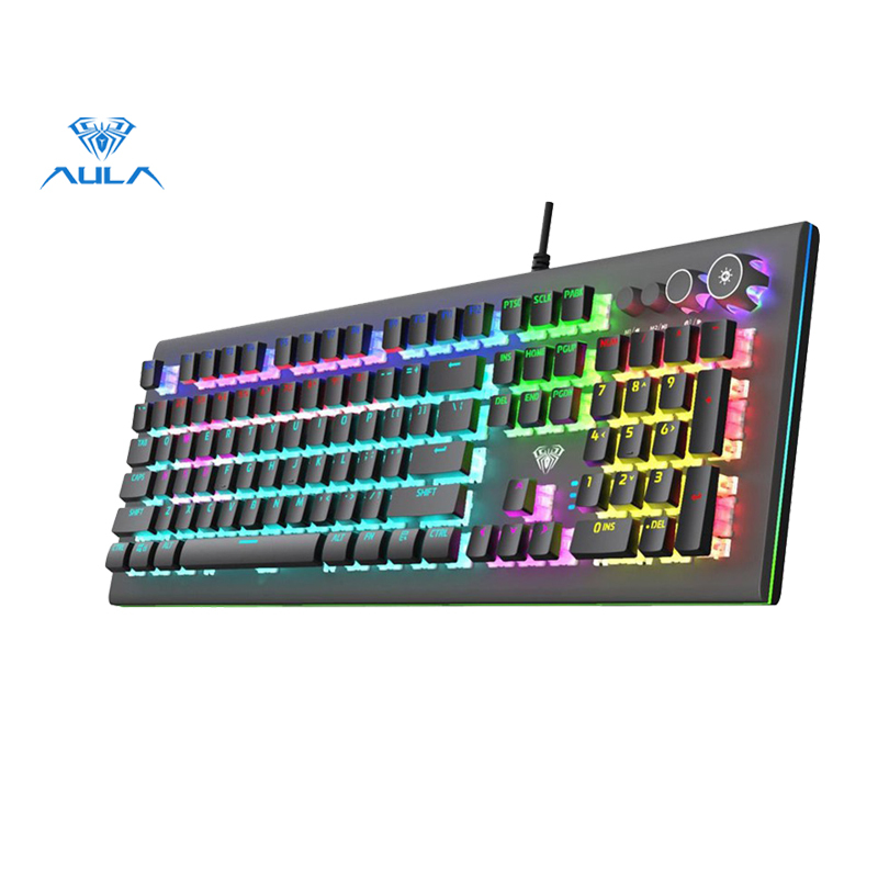 AULA factory shop S2096 mechanical gaming keyboard multimedia alloy lighting knob 104-key anti-ghosting Marco programming, PC gaming backlit keyboard Singapore