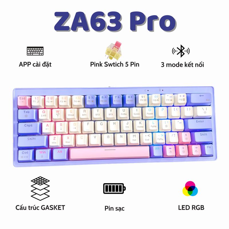 Bàn Phím Cơ Không Dây Bluetooth ZA63 Pro - Trục cơ Linear Hotswap 5 Pin - Pin sạc - LEG RGB cả phím
