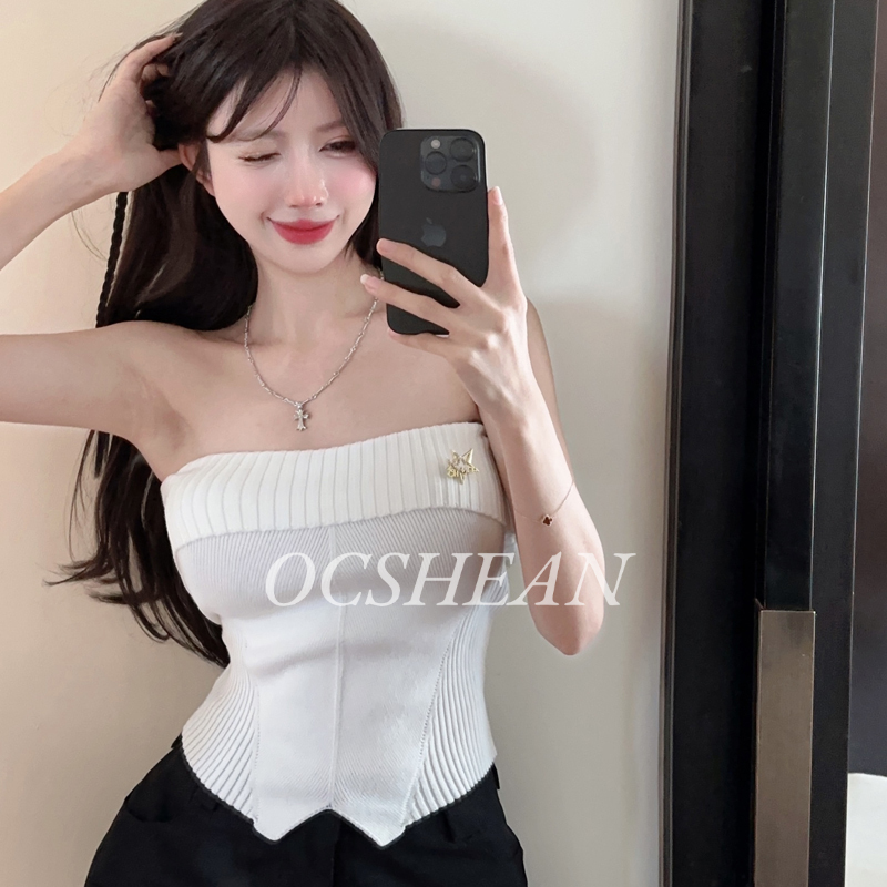 OCSHEAN Women's top, Spice Girl sexy off-the-shoulder tube top, chic sleeveless short vest ราคา 48 บาท*ส่งฟรี