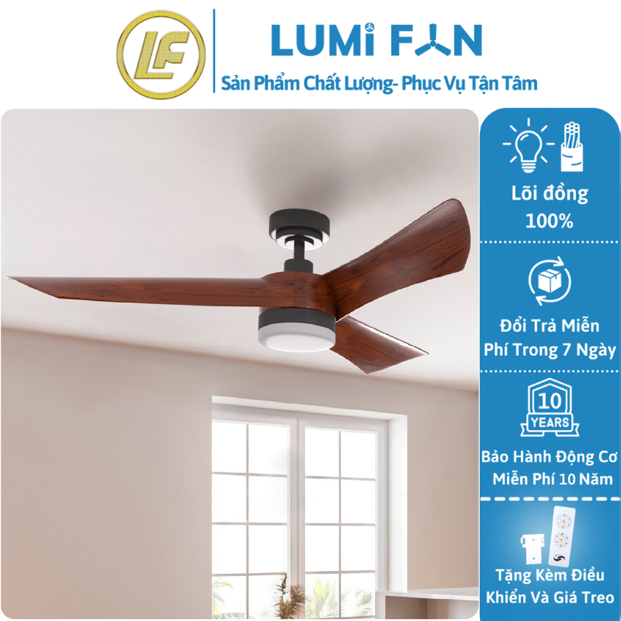 Quạt đèn trần trang trí lumifan, sải cánh 130cm, quạt trần đèn decor, quạt trần trang trí, bh 10 năm, mã 54hz-169bk-q008