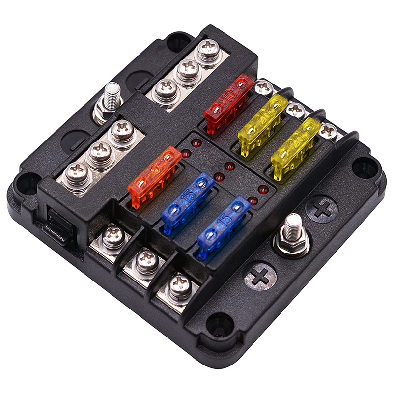 Fuse Box with Negative Bus, 6 Way Blade Fuse Holder Block with LED