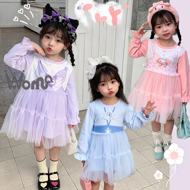 WGB Đầm Công Chúa Tay Dài Phối Lưới In Họa Tiết Hoạt Hình 3d Giữ Ấm Cho Bé Gái