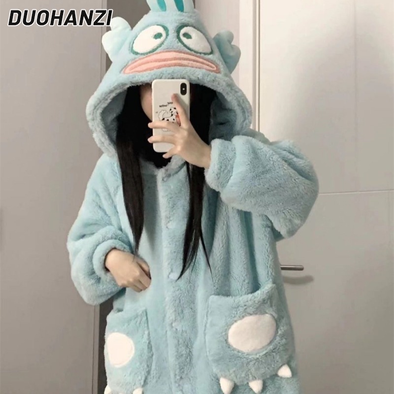 Duohanzi 2025 mới xấu xí cá đồ ngủ của phụ nữ mùa đông san hô lông cừu dày đi học dễ thương Áo ngủ ấm nhà