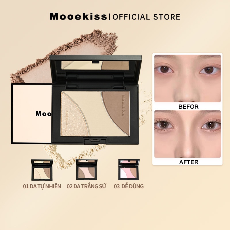  Mooekiss Bảng Khối Phấn Bắt Sáng Bảng Trang điểm Tự Nhiên Lâu Trôi Chống Nước 3 màu 16.5g mini 9g 