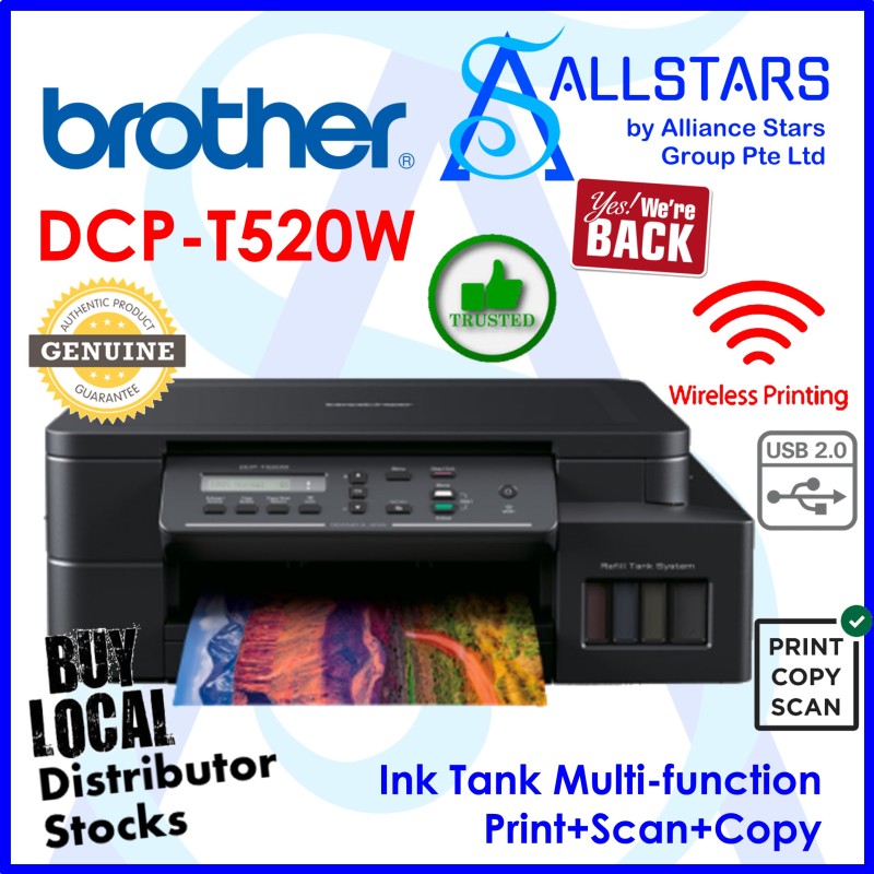 (ALLSTARS : We are Back / Printer Promo) Brother DCP-T520W / DCP-T520 / T520 / T520W Wireless Ink Tank / Multi-Function Color Inkjet Printer (Print / Scan / Copy) (Warranty 3years carry-in with Brother SG) Singapore
